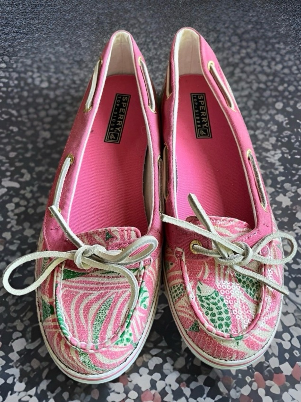 Sperry Top Sider Slip-On Boat Shoes 7.5 Pink/Green Fish. Mermaid Sequins 9688706